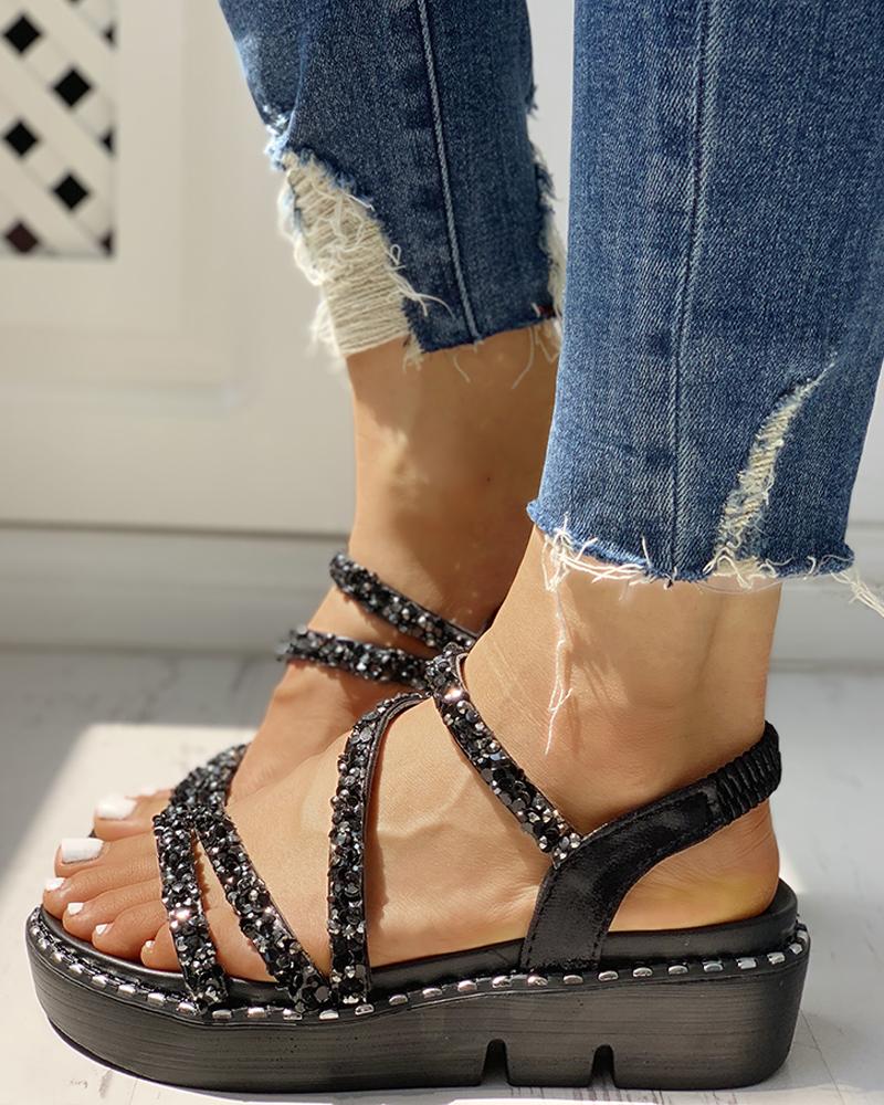 

Studded Open Toe Platform Sandals, Black