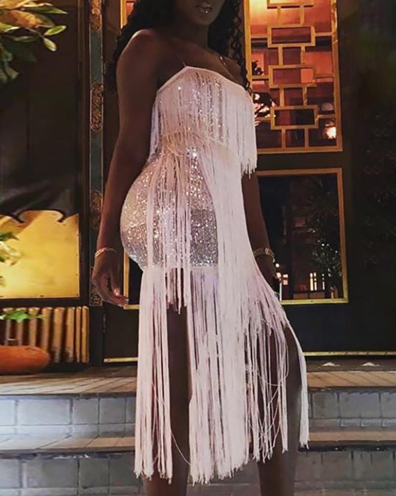 

Sequin Transparent Strap Tassel Dress, White