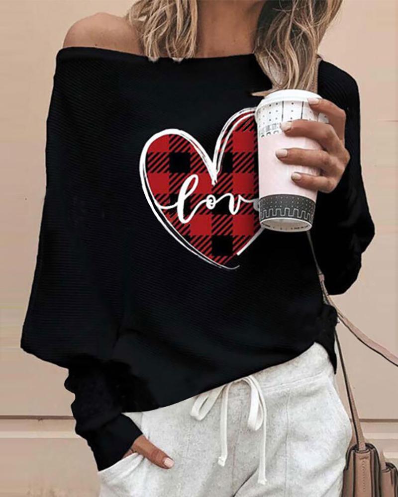 

Valentine' Day Plaid Heart Letter Print Top, Black