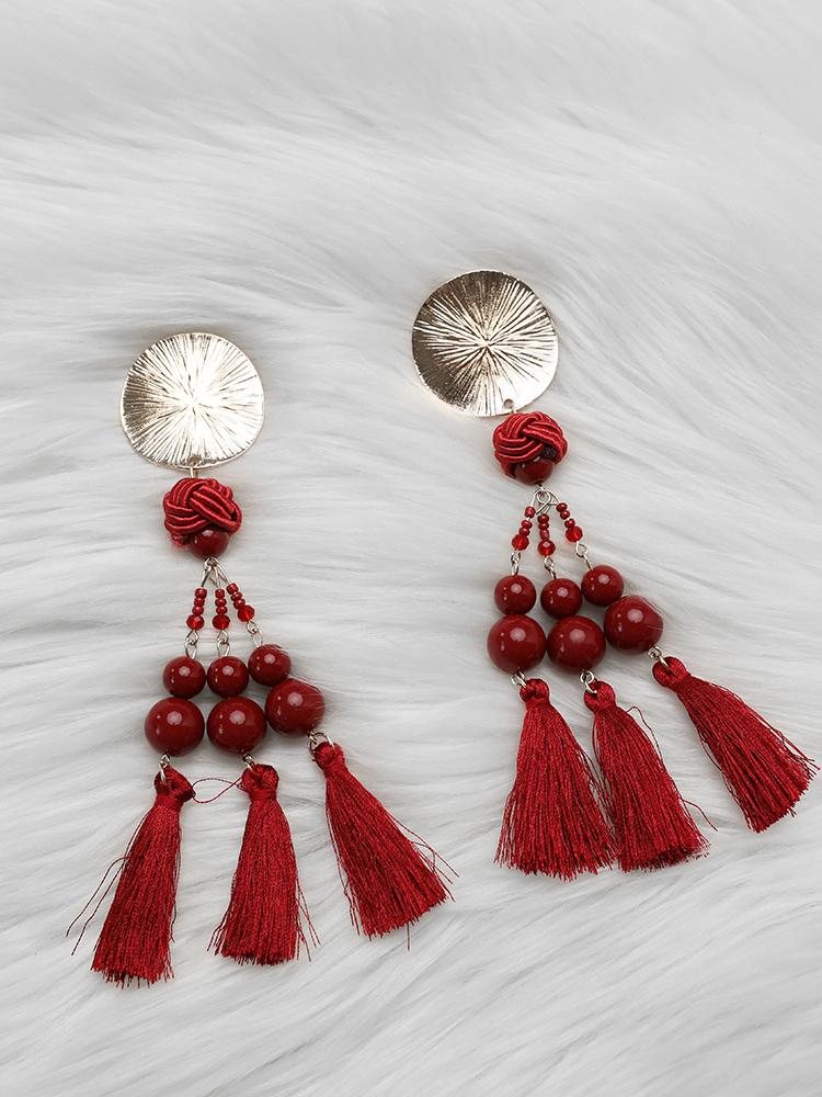 

Exaggerated Boho Tassel Long Statement Earrings, Red