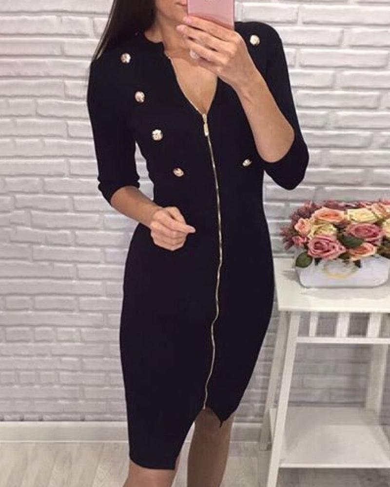 

Zipper Design Button Slit Bodycon Dress, Black