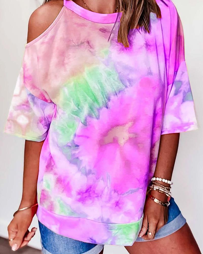 

Cold Shoulder Tie Dye Print Casual T-shirt, Purple