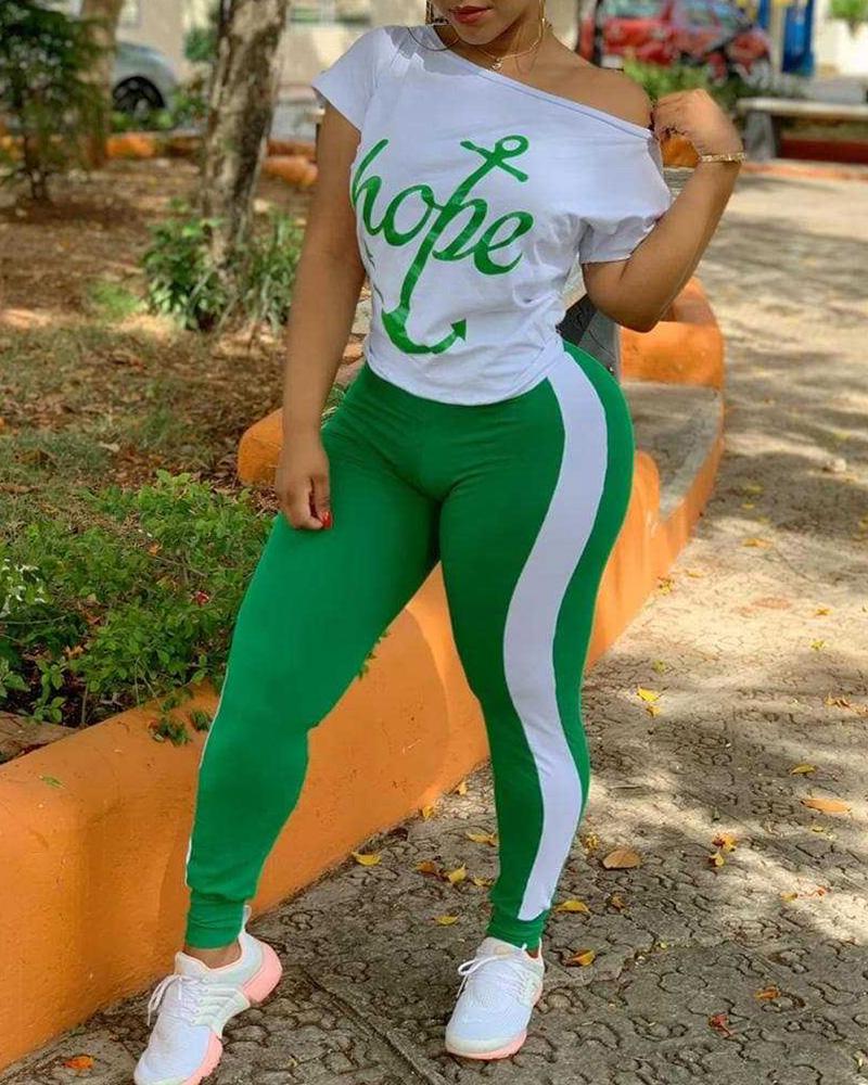 

Boat Anchor Letter Print Top & Striped Tape Pants Set, Green