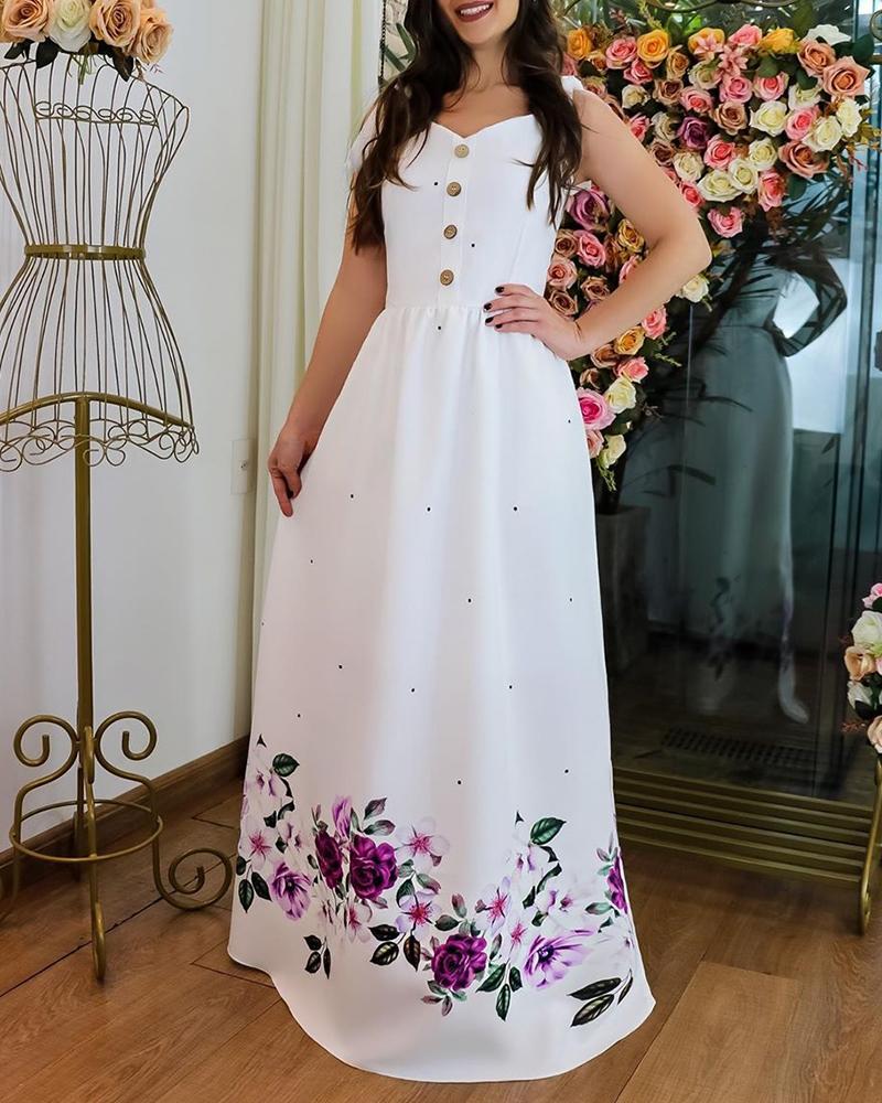 

Floral Polkadot Print Buttoned Maxi Dress, White