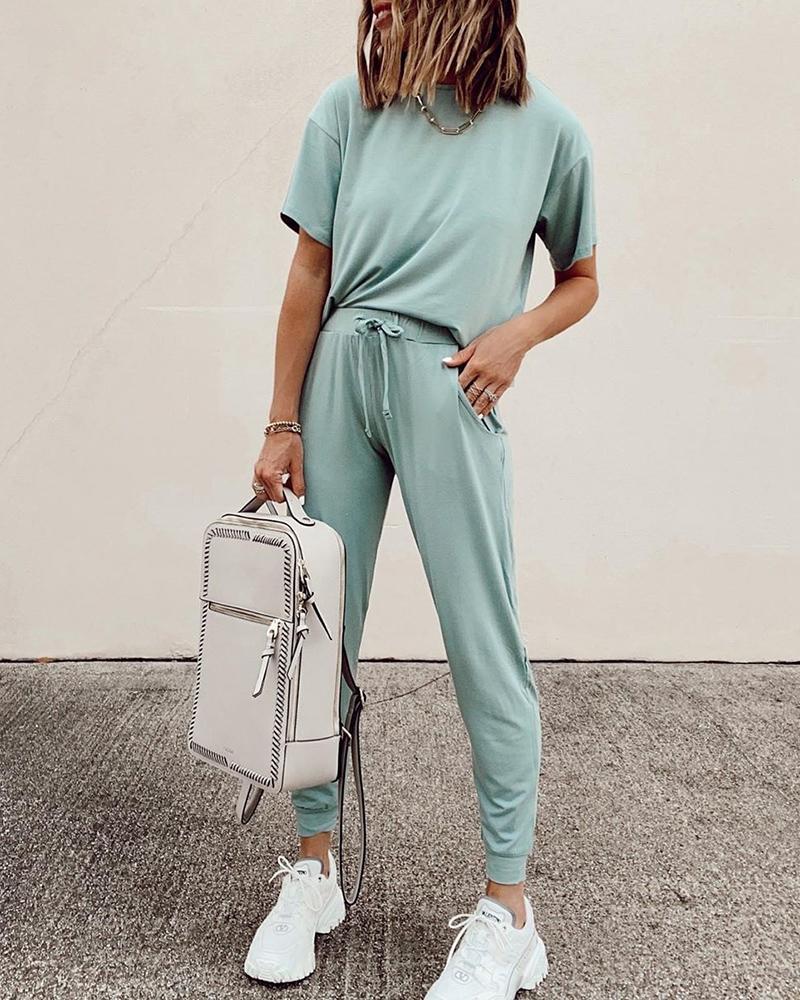 

Shot Sleeve Casual Top & Drawstring Pants Set, Green