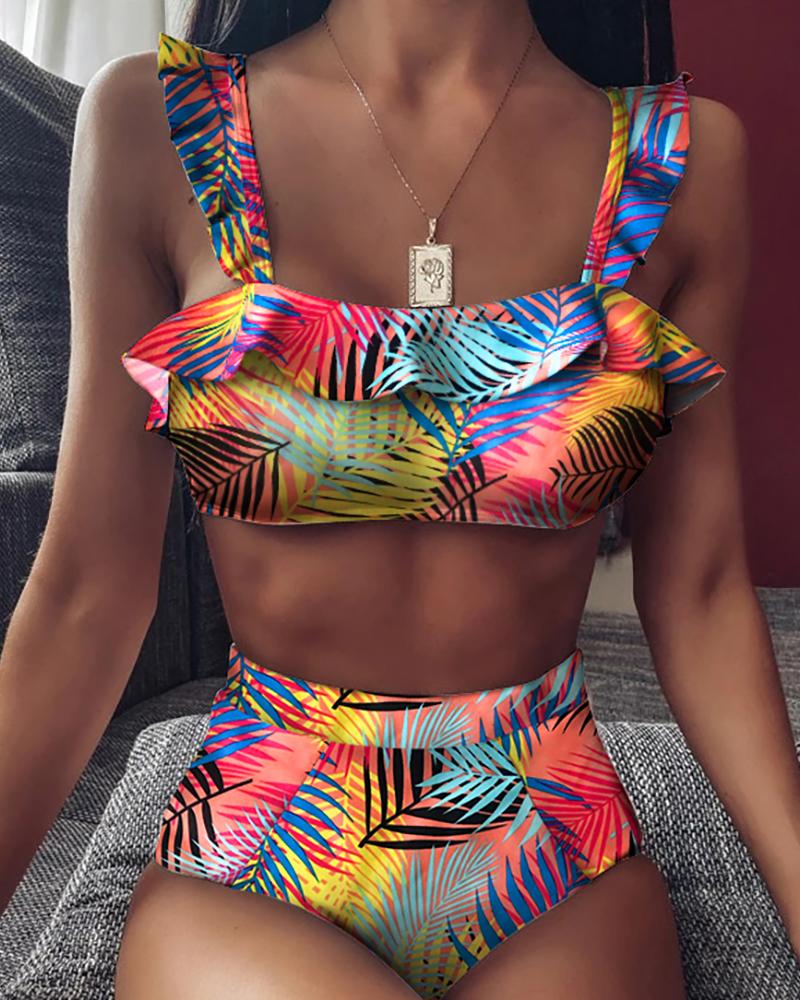 

Print Ruffles Hem Bikini Set, Multicolor