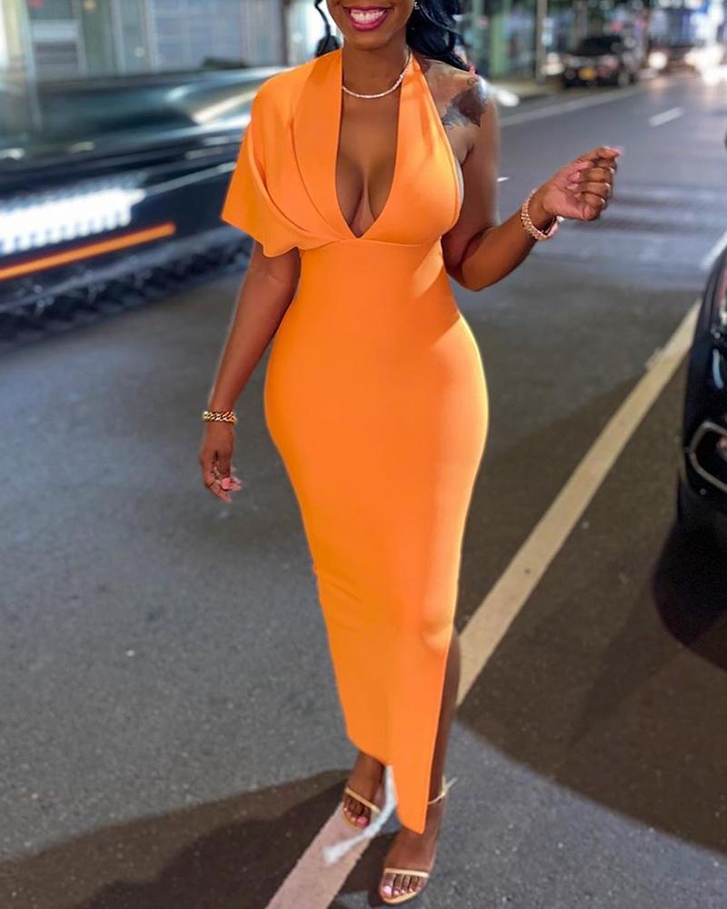 

Solid Short Sleeve Slit Dress, Orange
