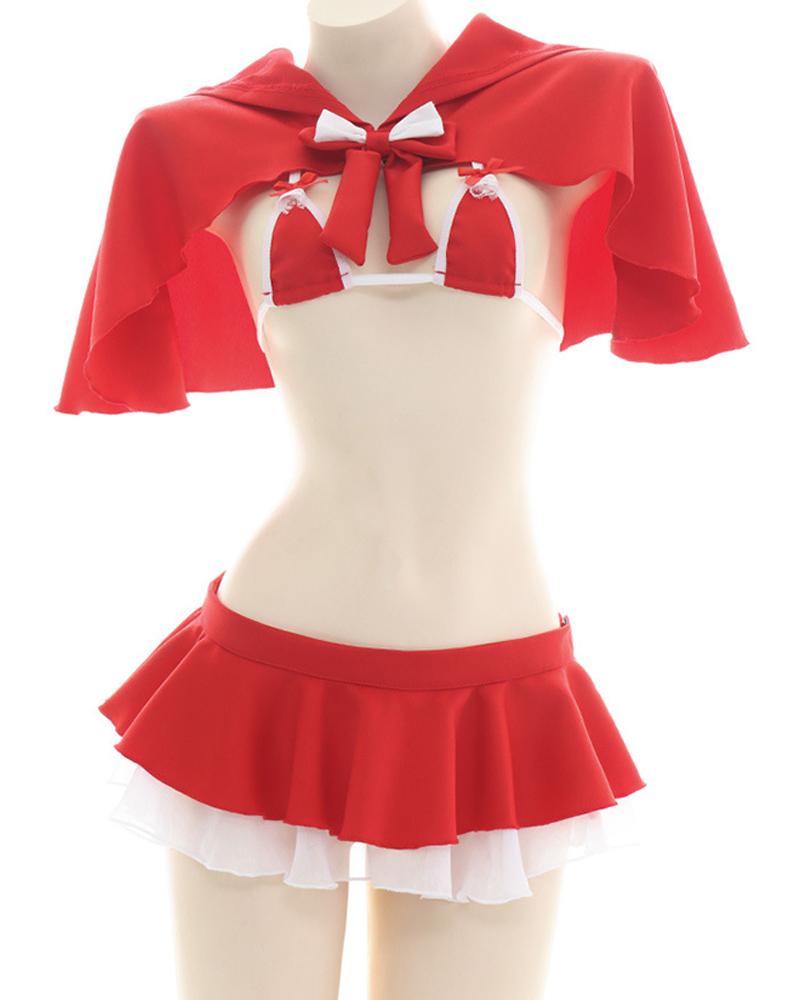 

3D Ear Bowknot Hooded Lingerie Costumes, Red