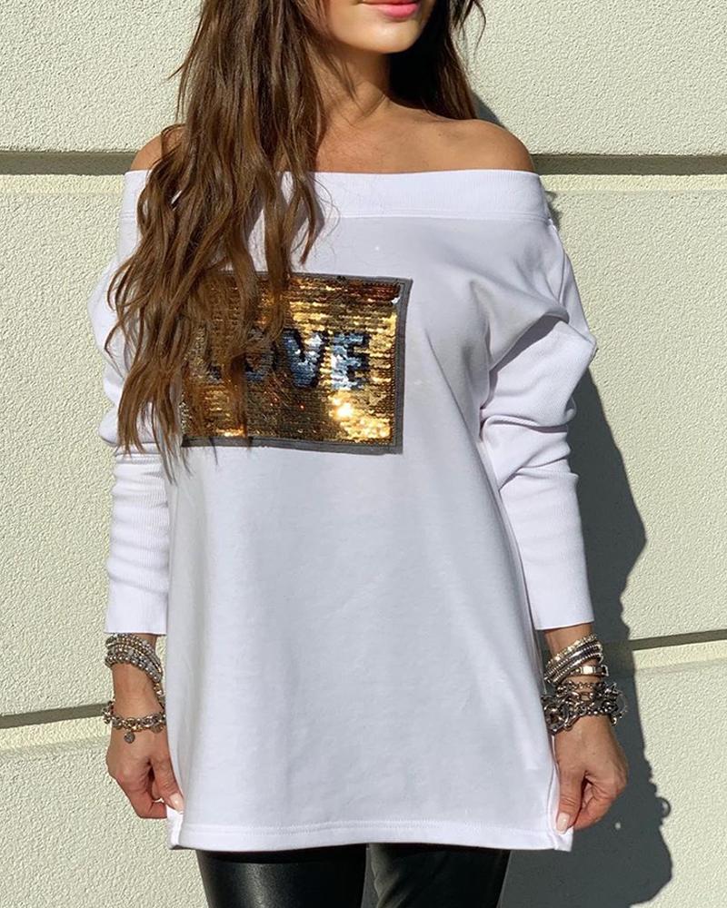 

Off Shoulder Letter Sequins Casual Blouse, White