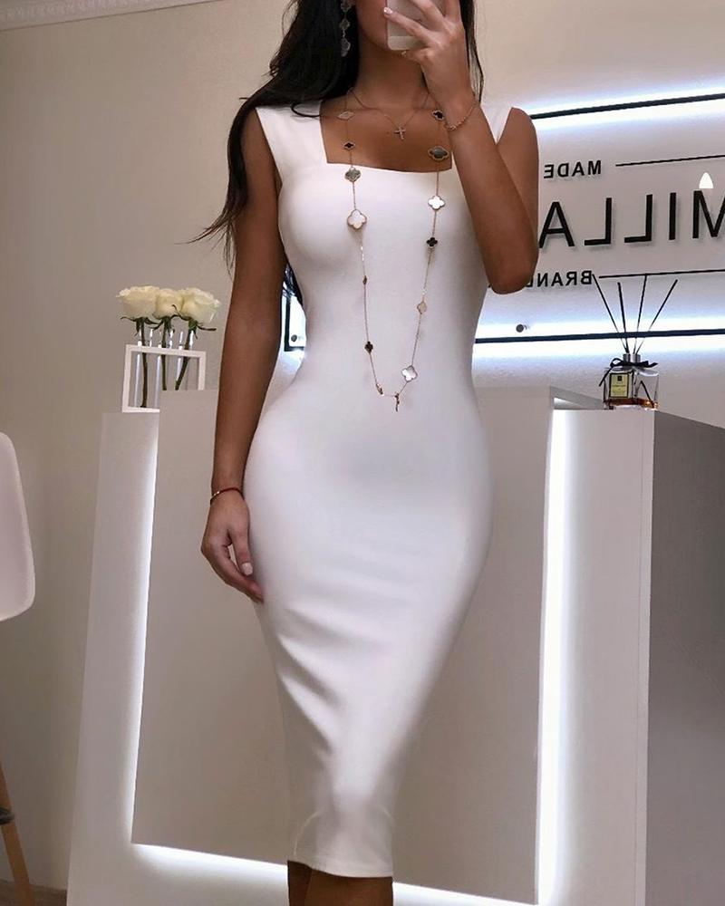 

Solid Thick Strap Midi Dress, White