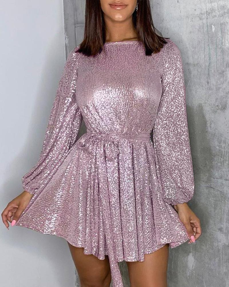 

Glitter Long Sleeve Tie Waist Sequins Dress, Silver
