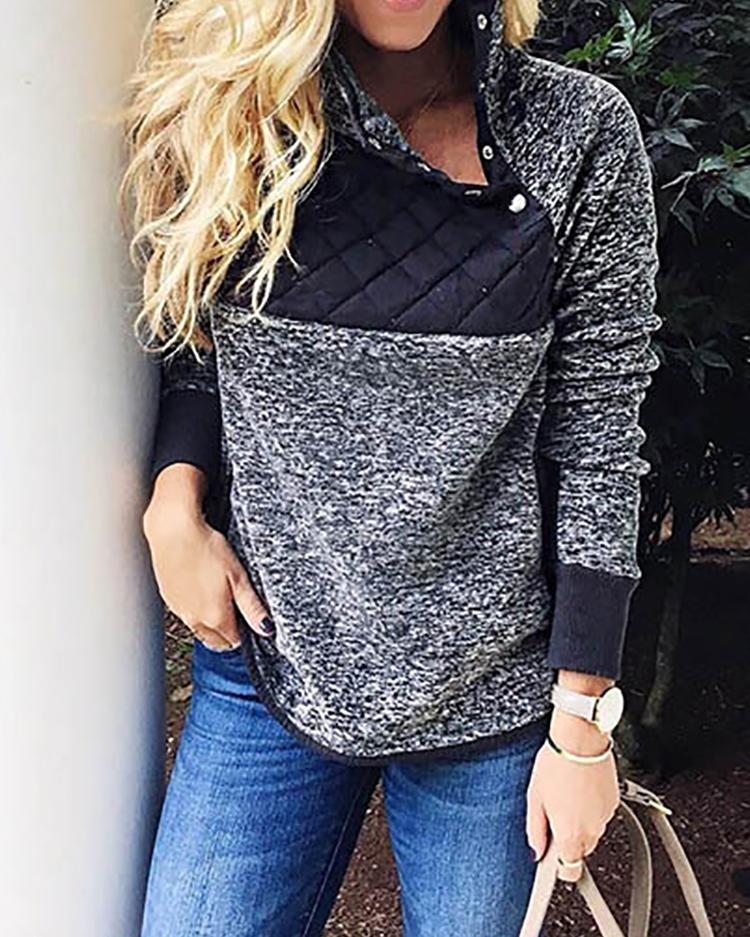 

Contrast Color Fluffy Snap-Button Skew Neck Sweatshirt, Blue