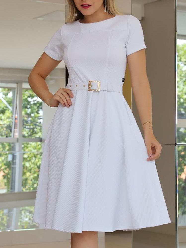 

Solid Short Sleeve Pleated Casual Dress, White