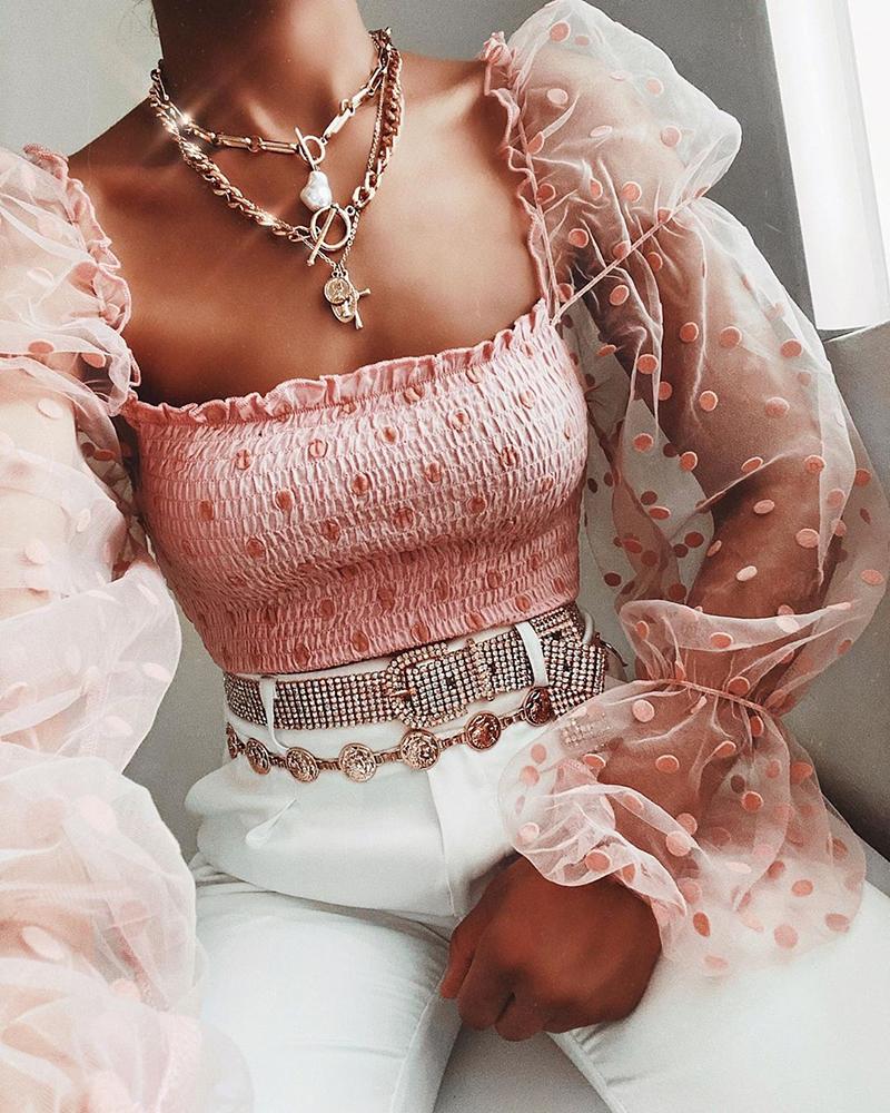 

Sheer Mesh Dot Puffed Sleeve Blouse, Pink