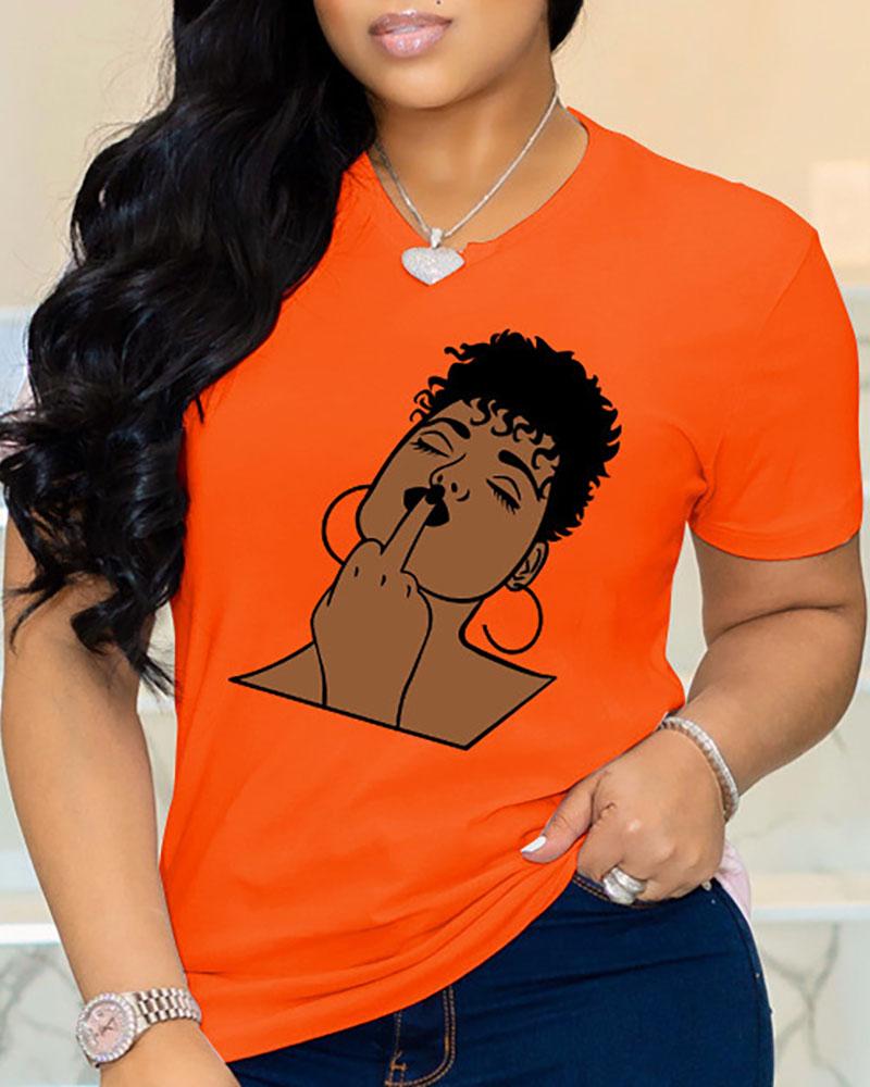 

Figure Graphic Print Short Sleeve Casual T-shirt, Orange