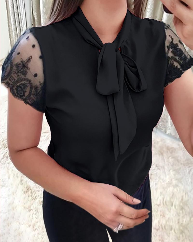 

Lace Stitching Short Sleeved Chiffon Shirt, Black