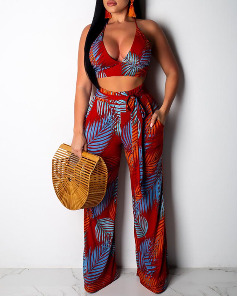 

Leaf Print Cami Top & Wide Leg Pants Set, Red