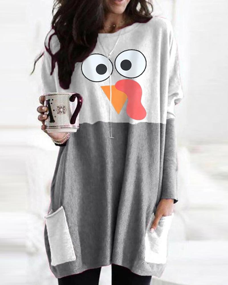 

Thanksgiving Turkey Print Pocket Design Casual Sweatshirt, Gray