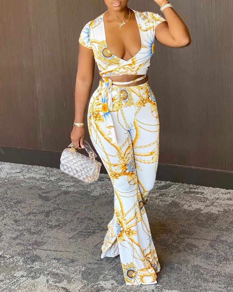 

Chain Print Crop Top & Flared Pants, White