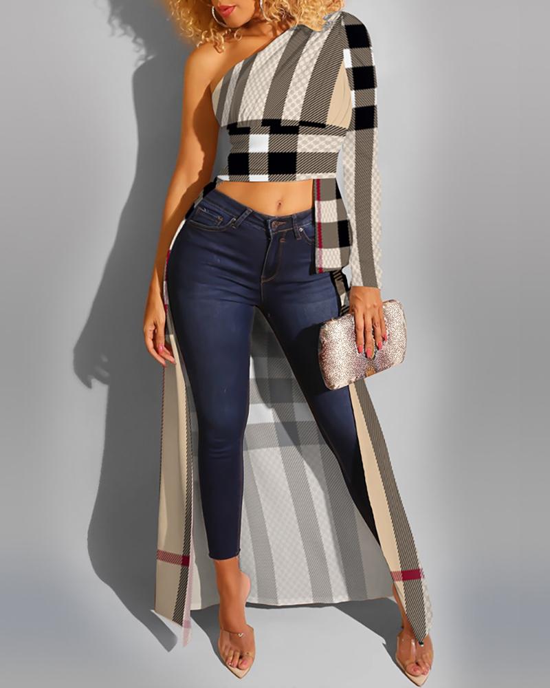 

One Shoulder Cropped Dip Hem Blouse, Gray