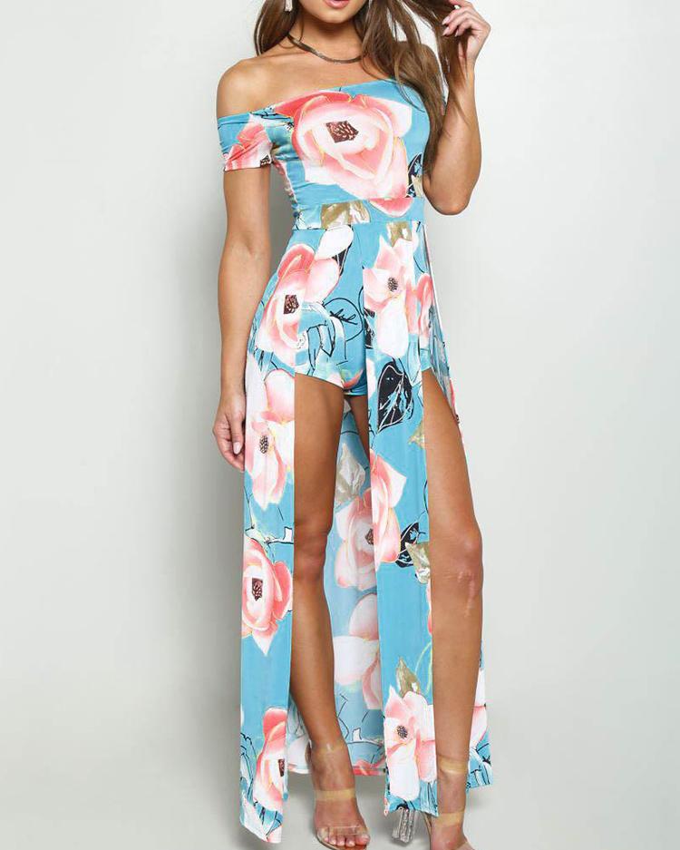 

Floral Printed Off Shoulder Slit Romper, Blue