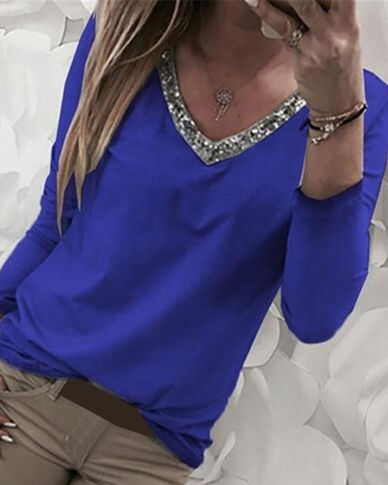 

V-Neck Sequins Patch Long Sleeve Blouse, Blue