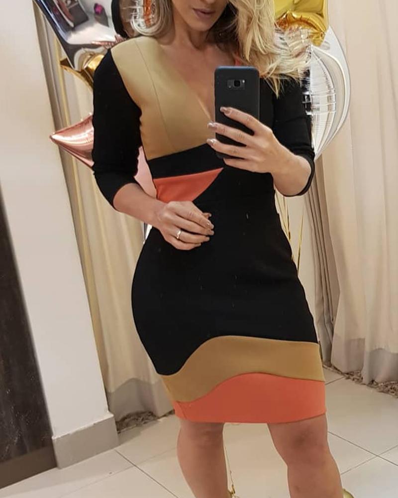 

V Neck Colorblock Contrast Mini Dress, Multicolor