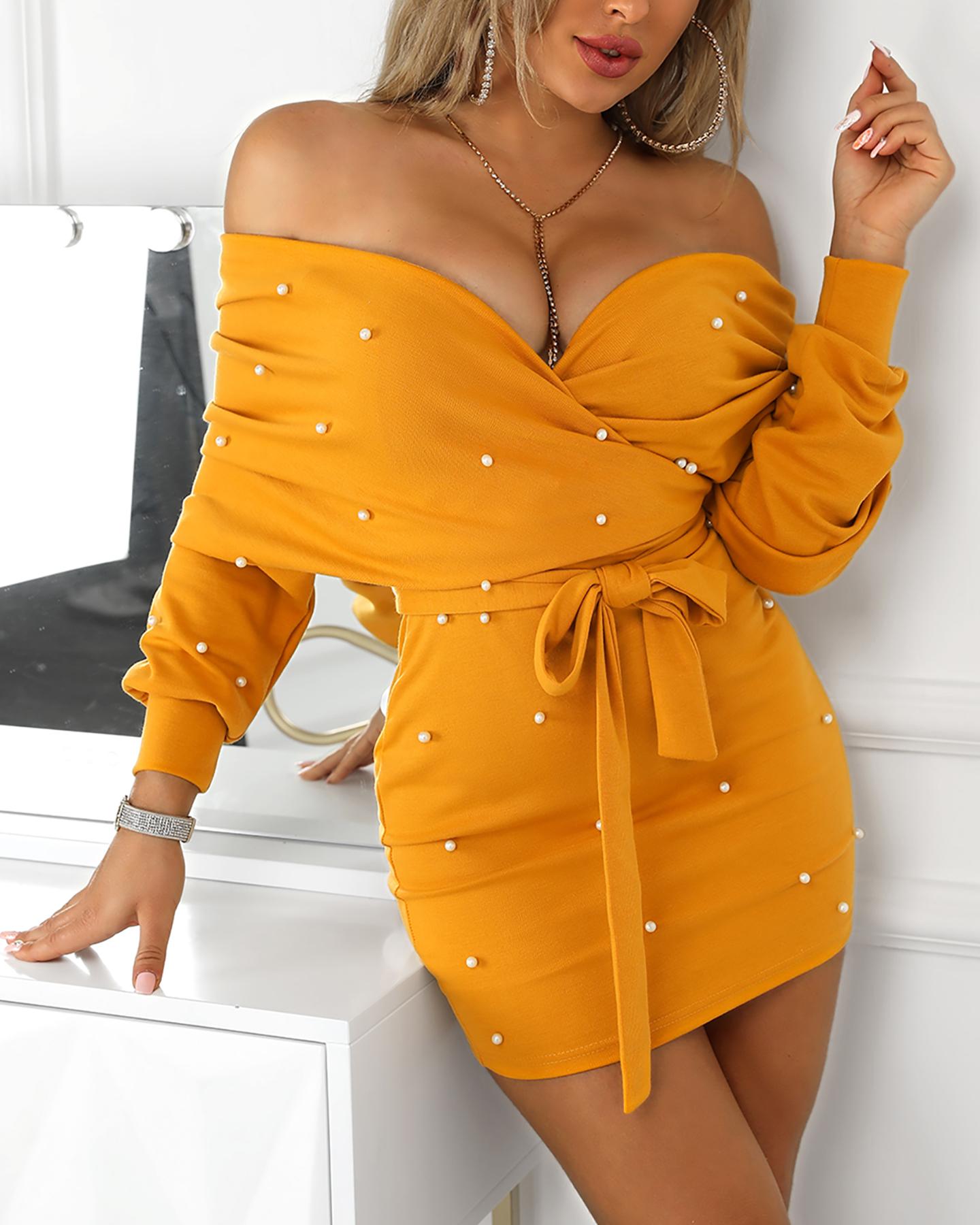 

V Neck Beaded Design Lantern Sleeve Bodycon Dress, Yellow