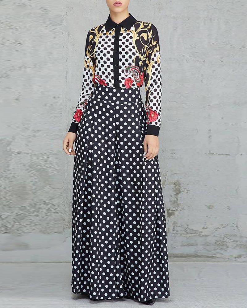 

Dot Print Wide Leg Casual Pant, Black