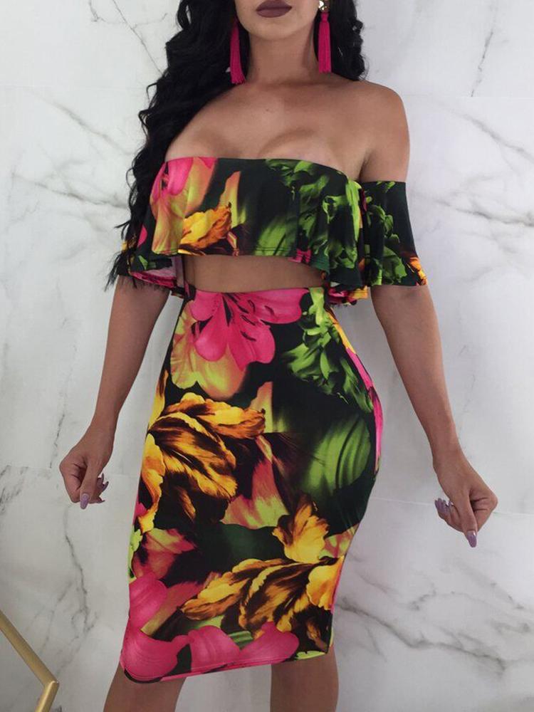 

Floral Ruffles Bardot Top & Midi Skirt Set, Multicolor