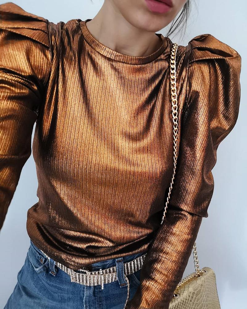 

Solid Round Neck Puff Sleeve Ruched Blouse, Dark brown