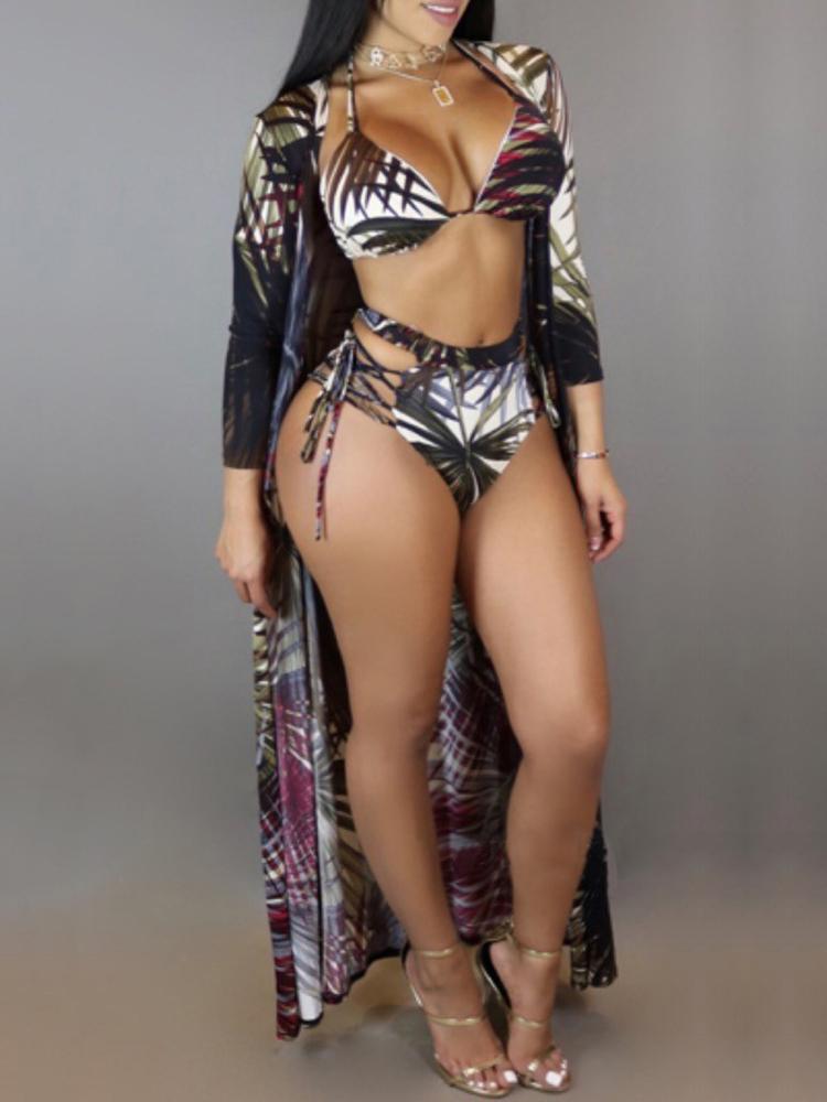 

3PCs Leaf Print Strappy Bikini Swimwear With Cover Up, Green