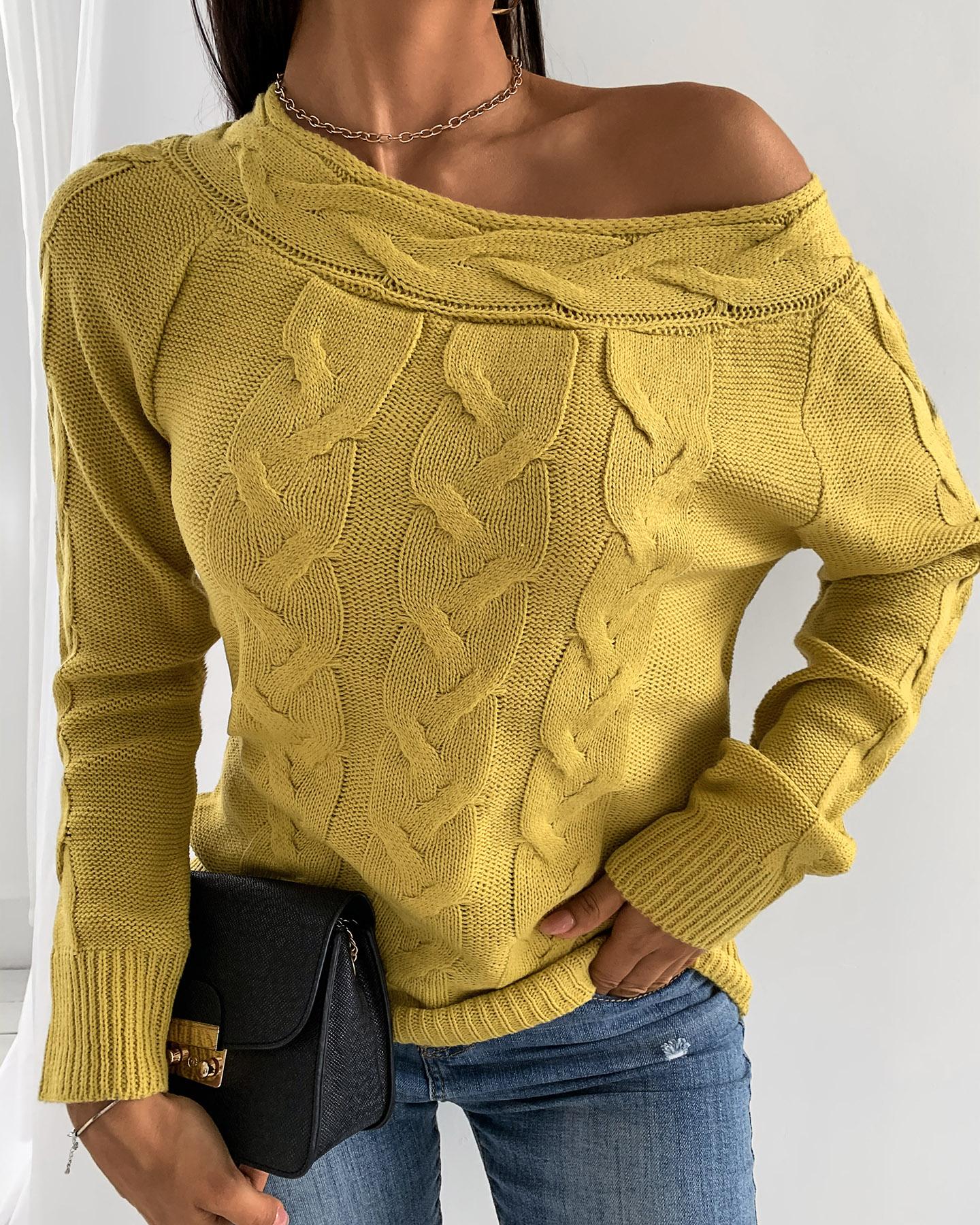 

Solid Knit Braided Long Sleeve Sweater, Yellow
