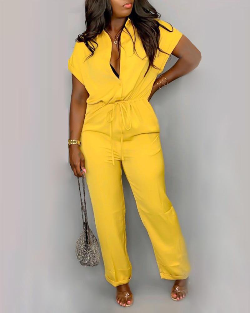 

Solid Batwing Sleeve Drawstring Jumpsuits, Yellow