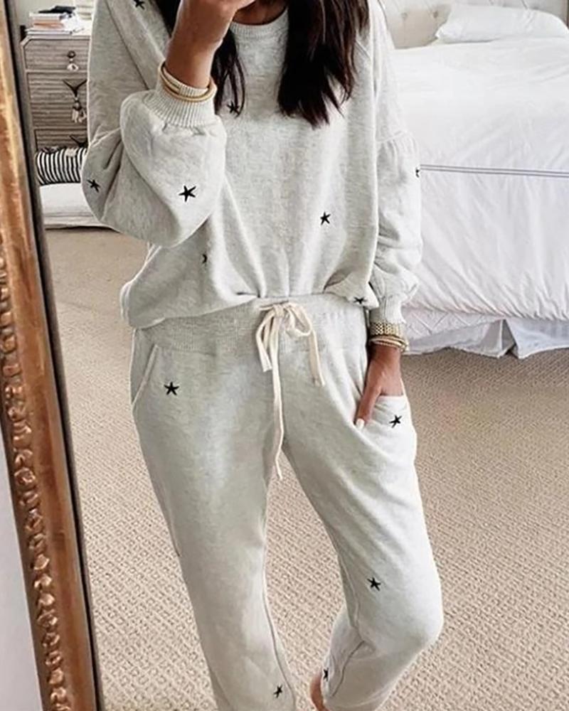 

Star Print Long Sleeve Casual Top & Pant Set, Light gray