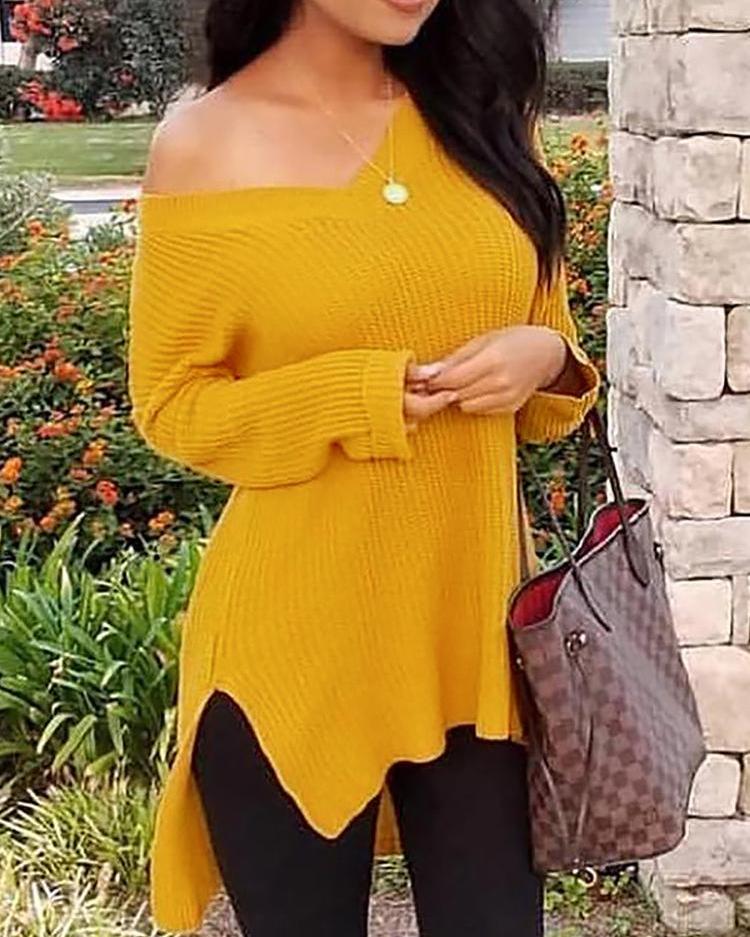 

Solid V Neck Slit Side Dip Hem Sweater, Yellow