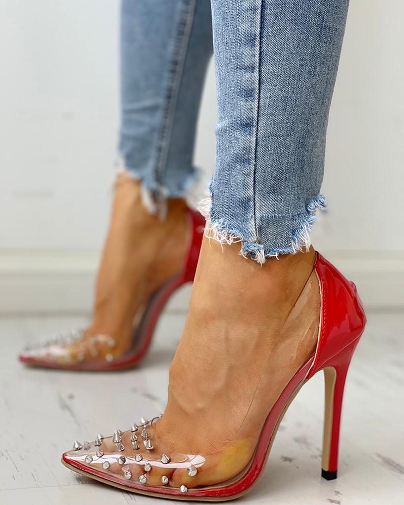 

Rivet Pointed Toe Transparent Thin Heels, Red