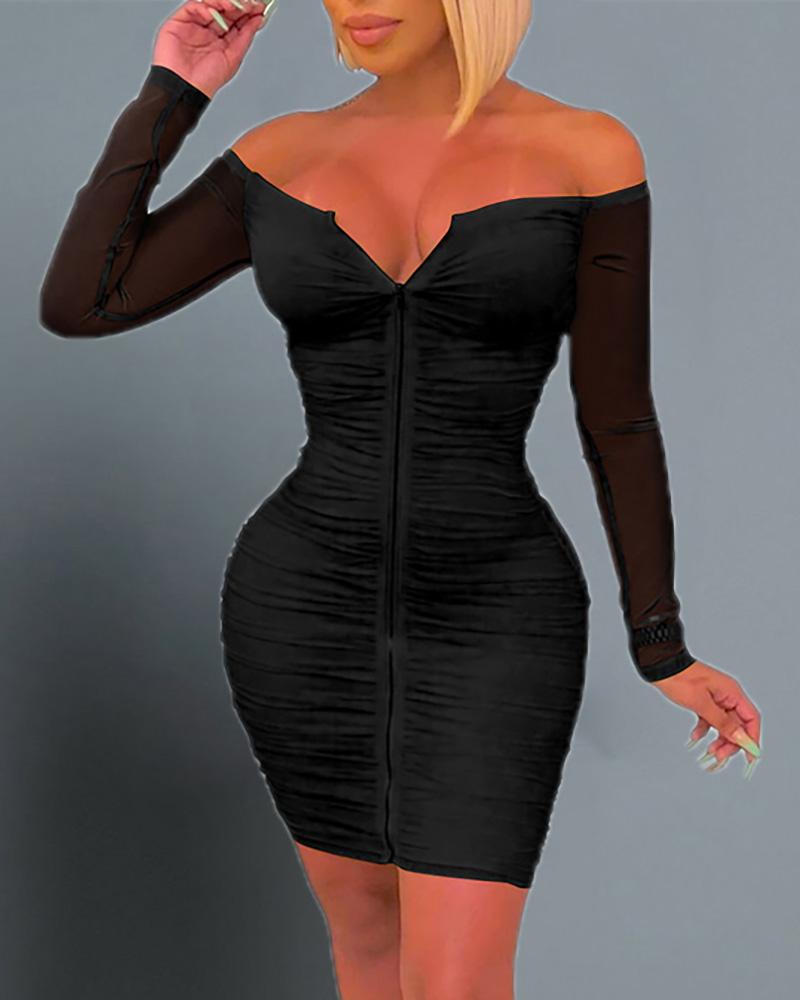 

Off Shoulder Ruched Bodycon Dress, Black