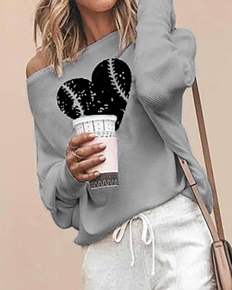 

Ribbed Long Sleeve Heart Print Top, Gray