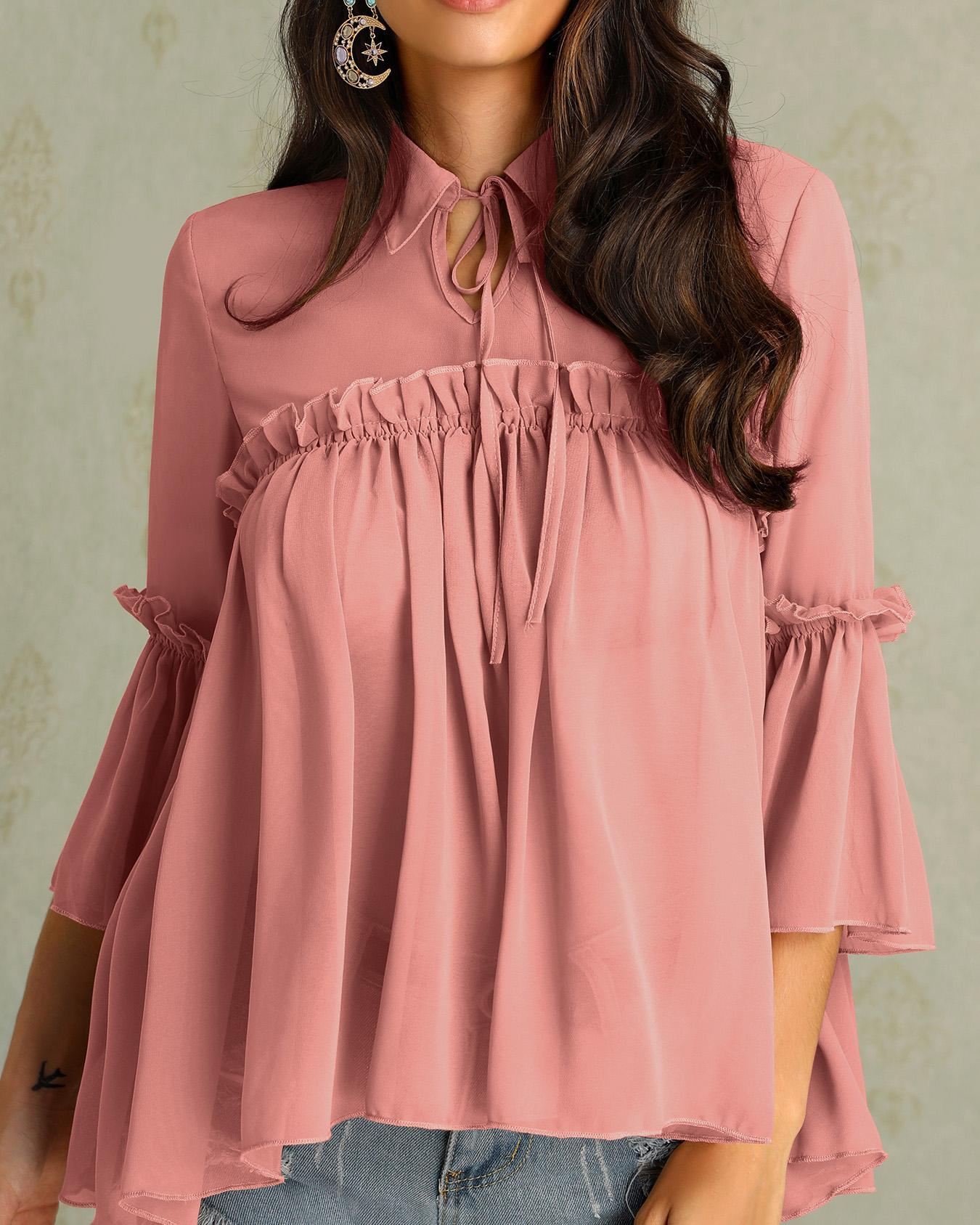 

Tie Neck Frills Flared Sleeve Babydoll Blouse, Pink