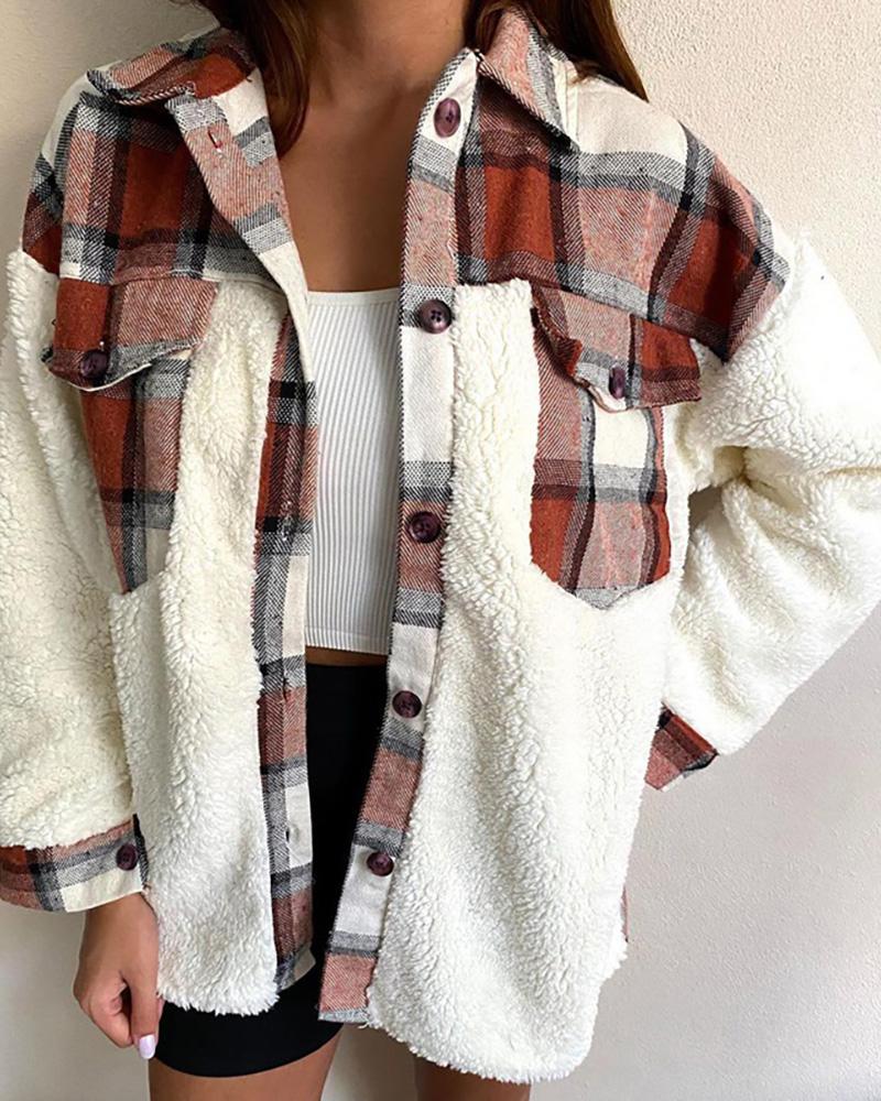 

Button Pocket Design Long Sleeve Plaid Teddy Coat, Brown