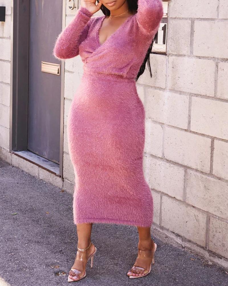 

Solid Tight Waist Fluffy Sweater Dress, Pink