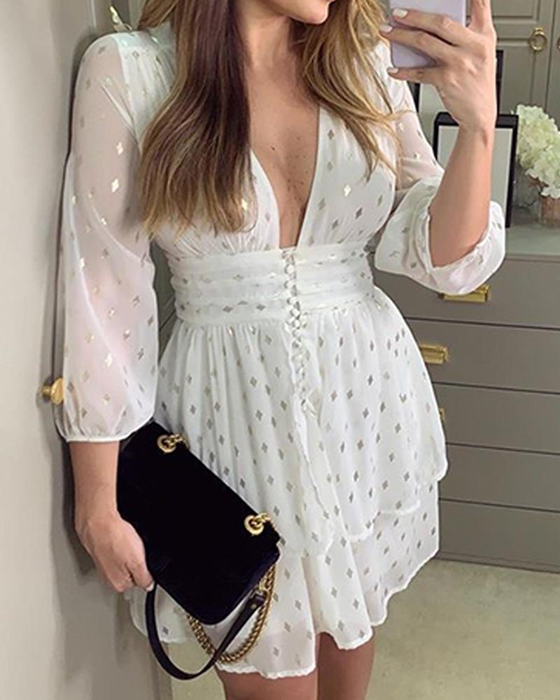 

Deep V Mesh Sleeve Embellished Dress, White