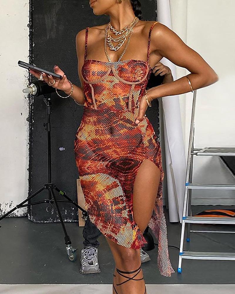 

Digital Print Spaghetti Strap Slit Dress, Red