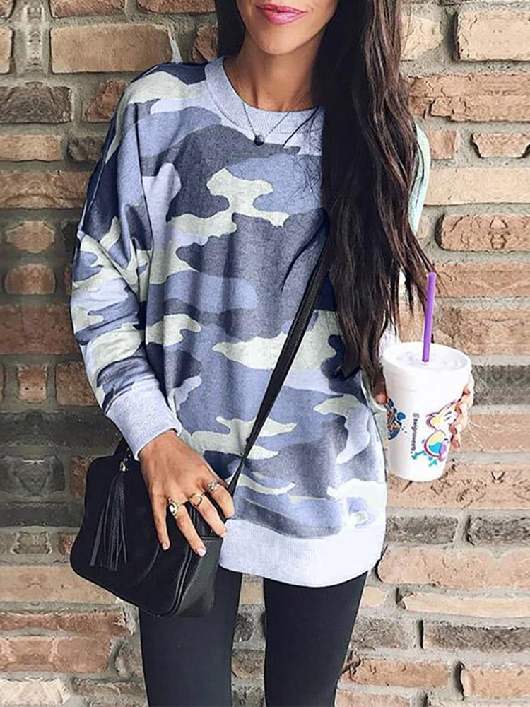 

Camo Print Long Sleeve Sweatshirt, Blue