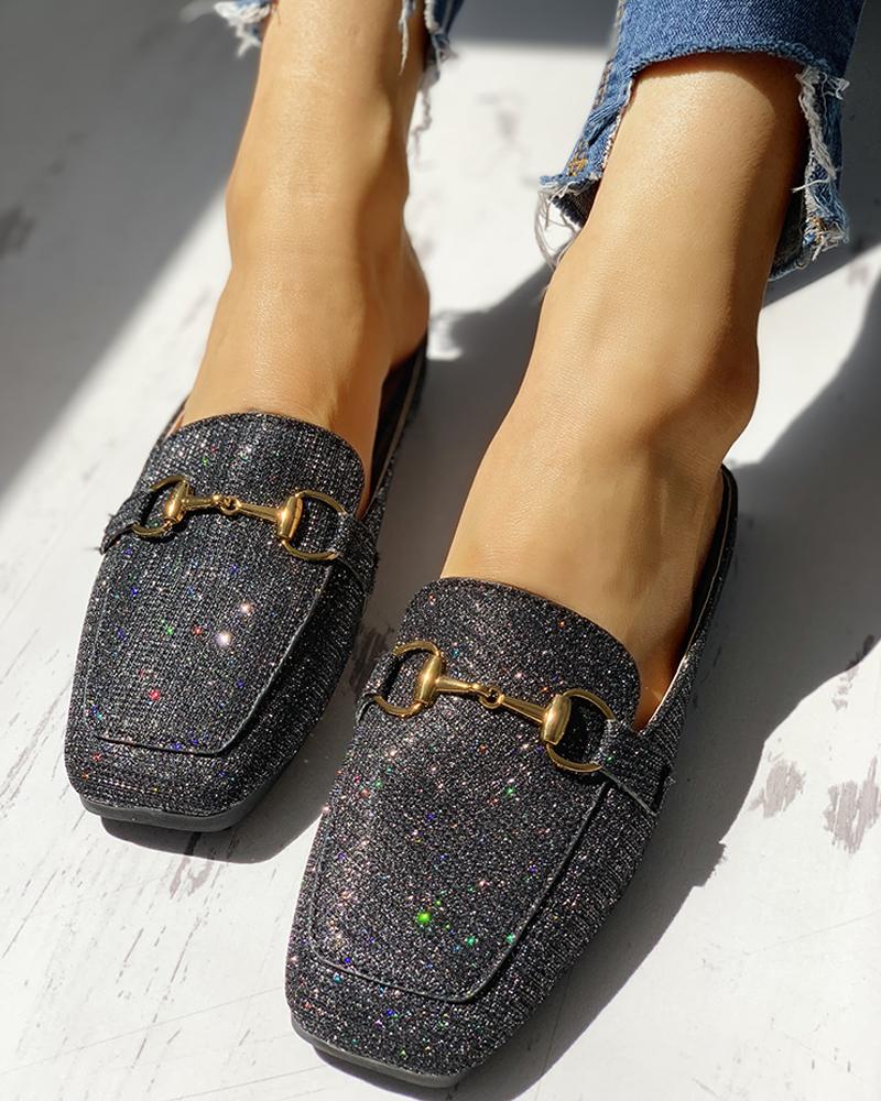 

Glitter Metallic Embellished Casual Flat Shoes, Black