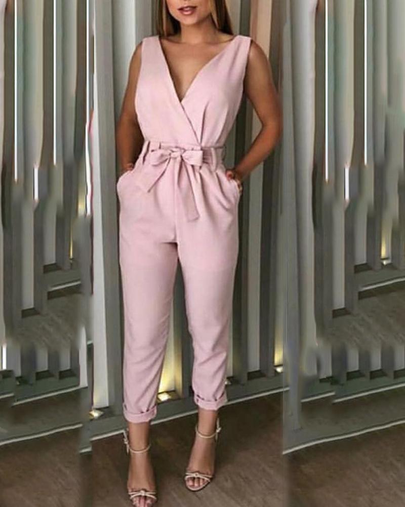 

Sleeveless Pocket Belted Casual Jumpsuit, Pink