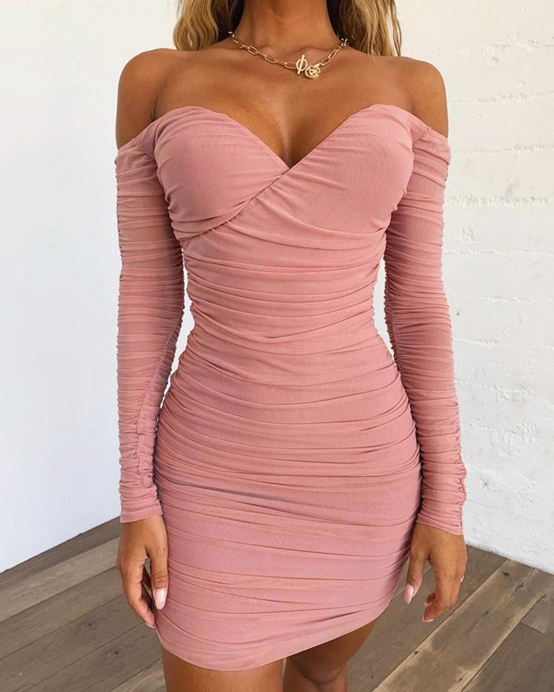 

Solid Off Shoulder Long Sleeve Ruched Mesh Bodycon Dress, Pink