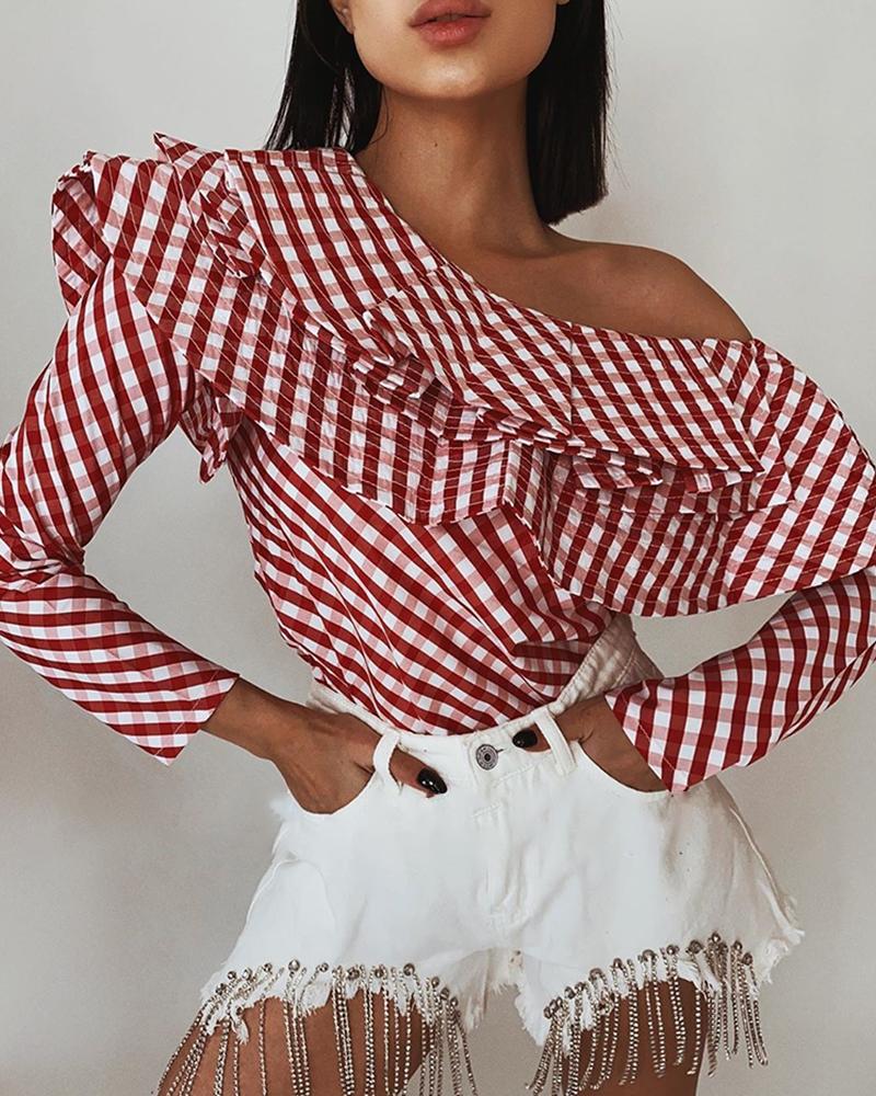 

Striped Layered Ruffles Casual Blouse, Pink