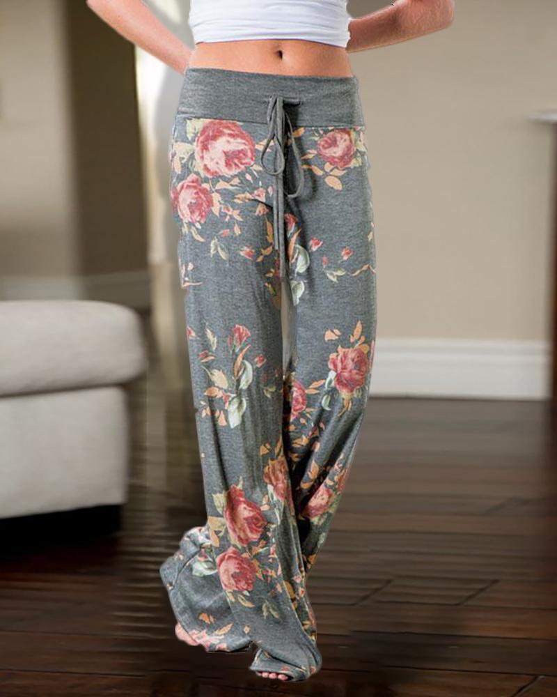 

High Waist Floral Print Casual Pants, Dark grey